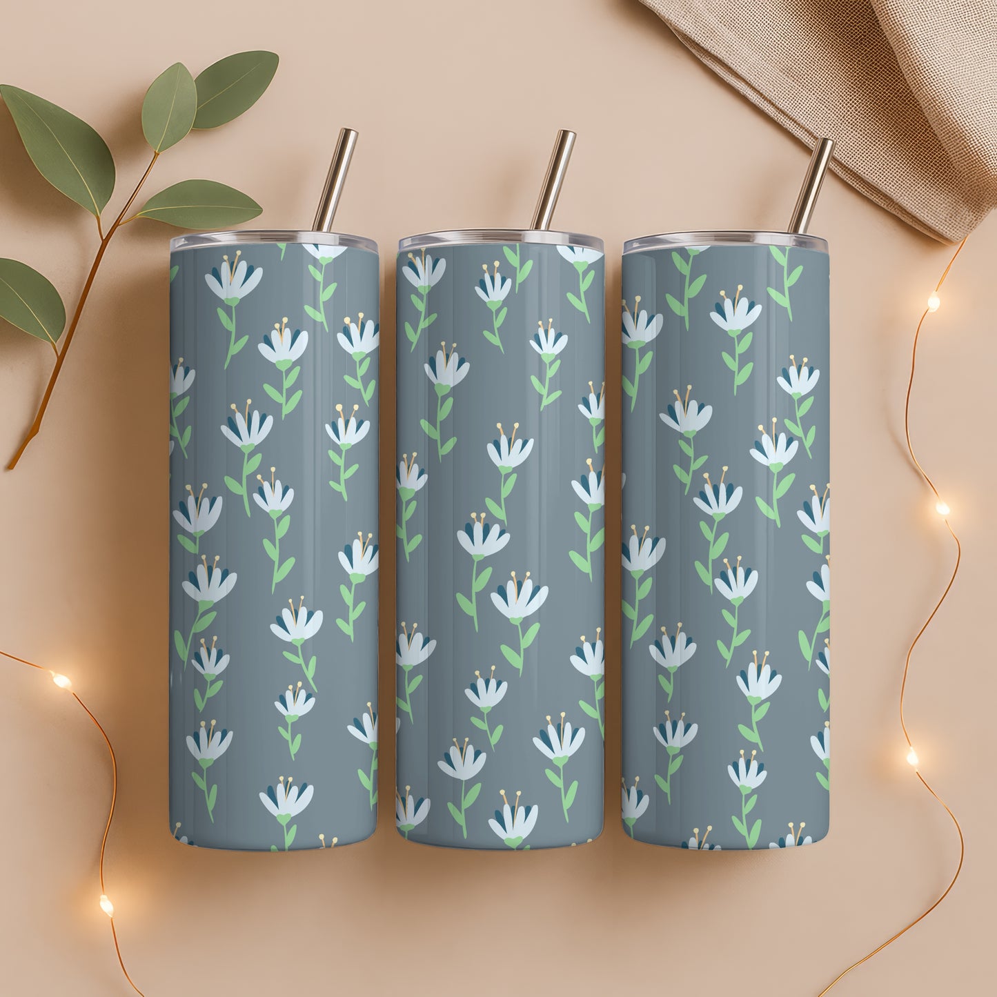 Whimsy Blooms Tumbler Wrap Grey β Digital Floral 9.25β x 8.20β PNG File