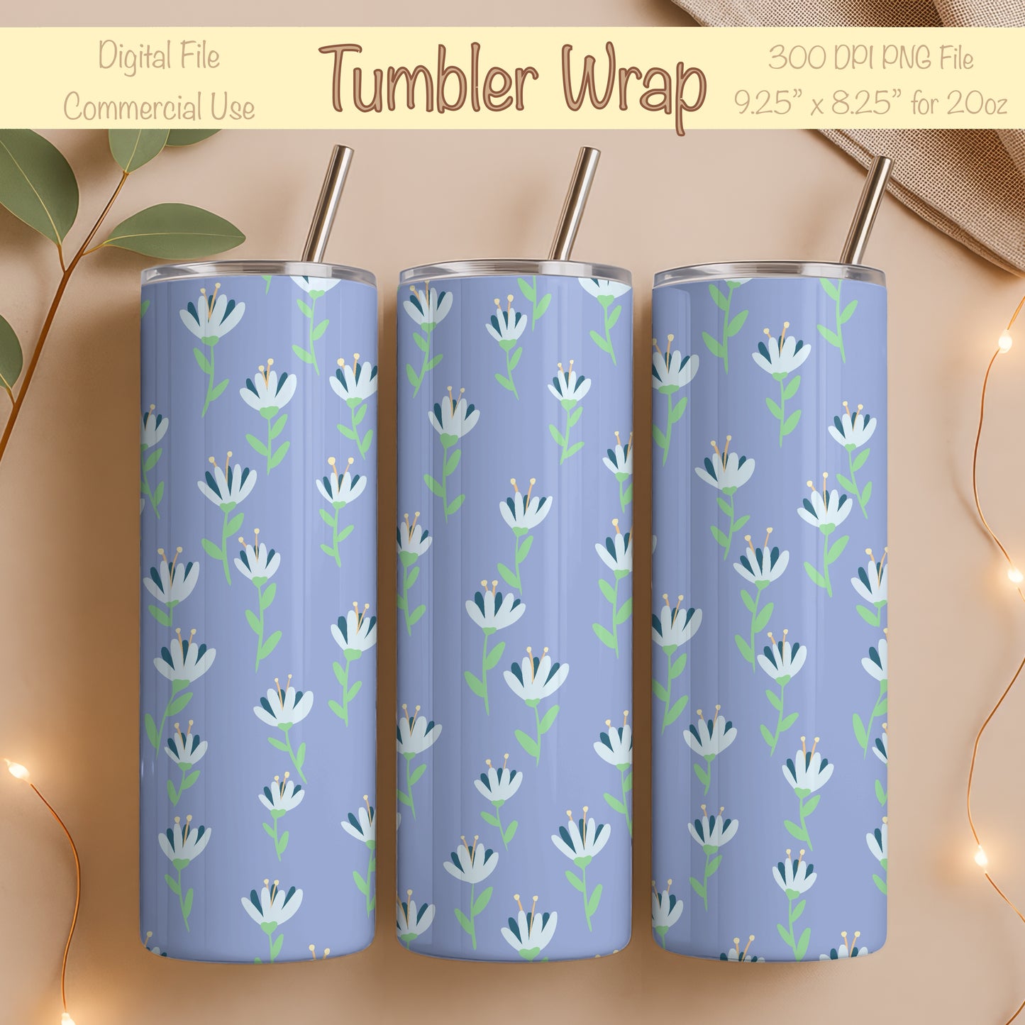 Whimsy Blooms Tumbler Wrap Purple β Digital Floral 9.25β x 8.20β PNG File