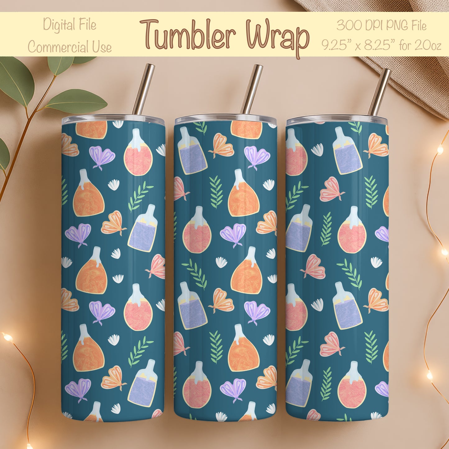 Enchanted Potions & Moths Tumbler Wrap Blue β Whimsical Flowers Digital PNG 9.25β x 8.20β