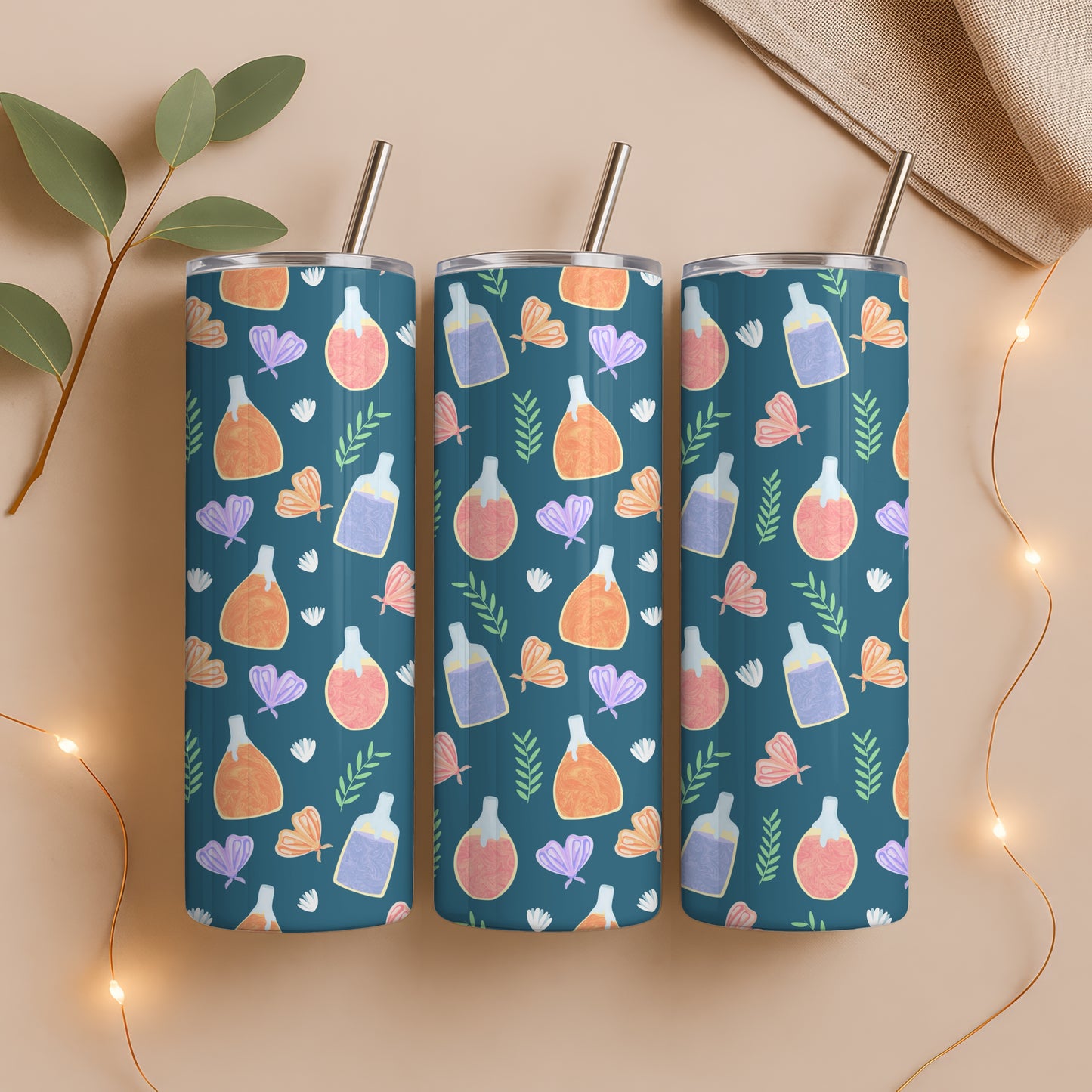Enchanted Potions & Moths Tumbler Wrap Blue β Whimsical Flowers Digital PNG 9.25β x 8.20β