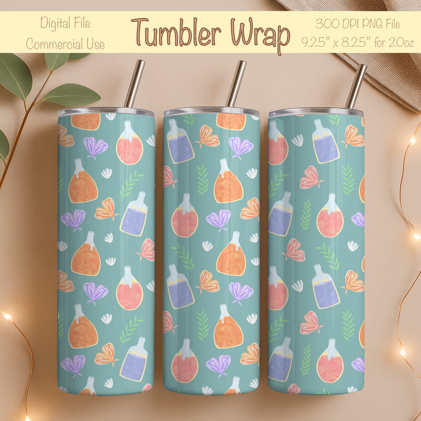 Enchanted Potions & Moths Tumbler Wrap Green β Whimsical Flowers Digital PNG 9.25β x 8.20β