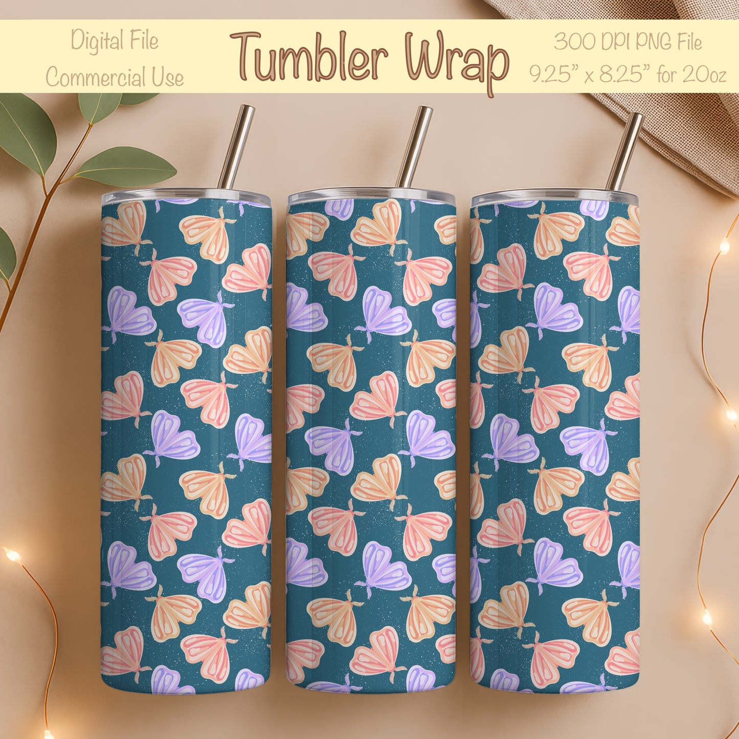 Whimsical Moths Tumbler Wrap Blue β Digital 9.25β x 8.20β PNG File