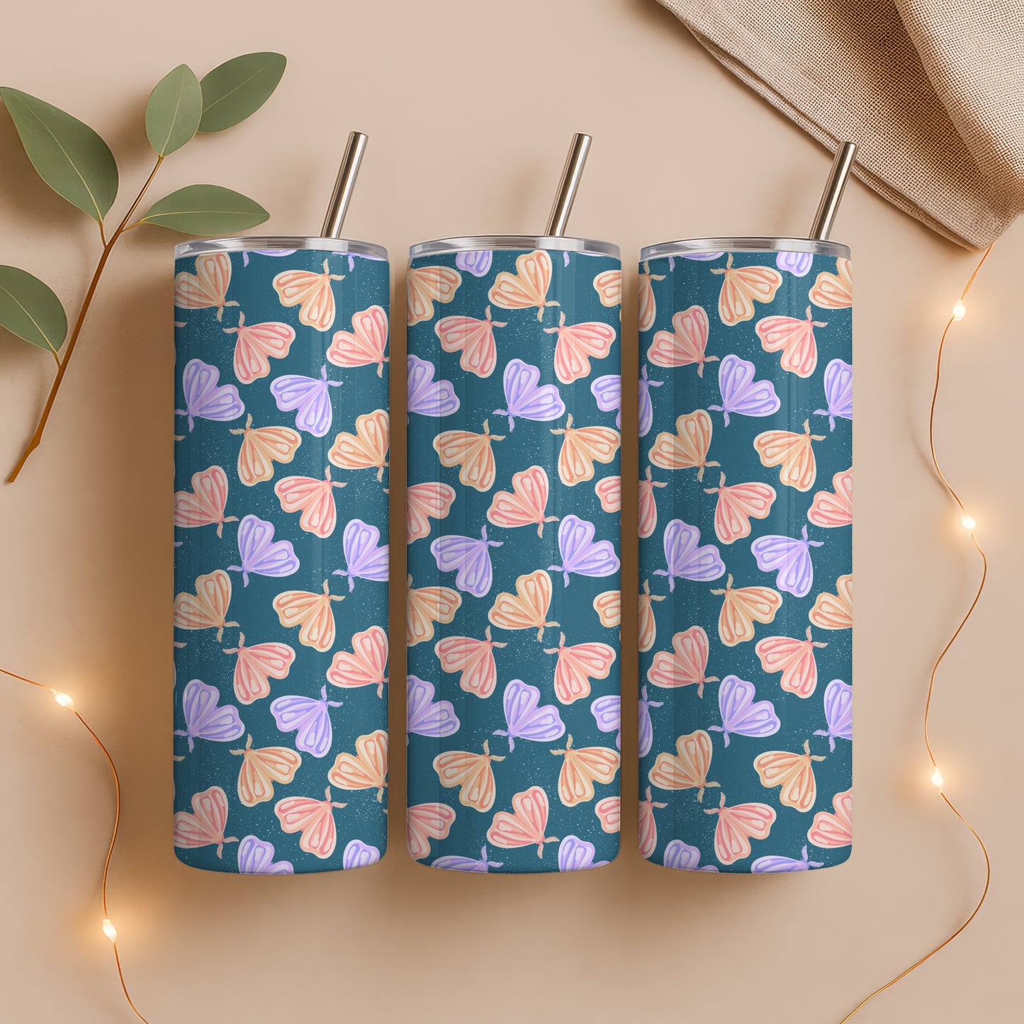 Whimsical Moths Tumbler Wrap Blue β Digital 9.25β x 8.20β PNG File