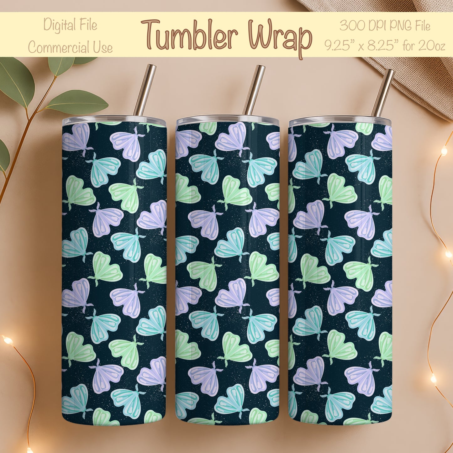 Whimsical Moths Tumbler Wrap Dark β Digital 9.25β x 8.20β PNG File
