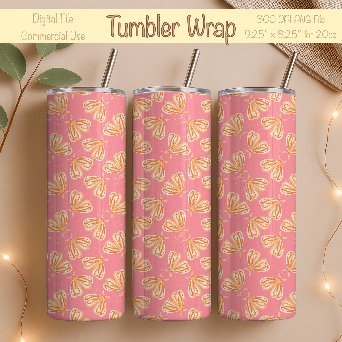 Whimsical Moths Tumbler Wrap Orange– Digital 9.25” x 8.20” PNG File