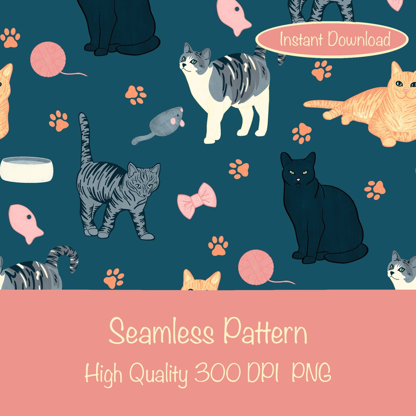 Cat Seamless Pattern Blue β Whimsical Feline Digital Design PNG | 12β x 12β 300 DPI