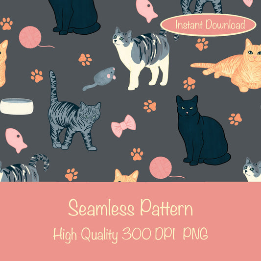 Cat Seamless Pattern Dark Grey – Whimsical Feline Digital Design PNG | 12” x 12” 300 DPI