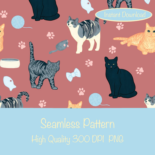 Cat Seamless Pattern Mauve – Whimsical Feline Digital Design PNG | 12” x 12” 300 DPI