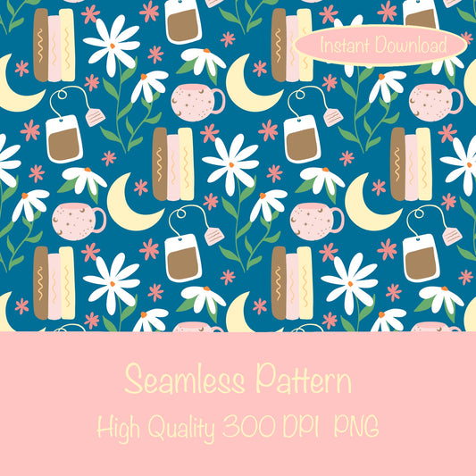Cottage Core Seamless Pattern Blue – Moons, Tea, Books & Flowers PNG | 12” x 12” 300 DPI