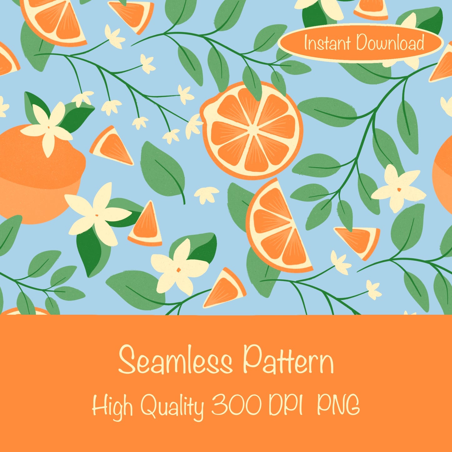 Botanical Orange Blossom Seamless Pattern Light Blue | 12x12 PNG Digital Download | Citrus Floral Design