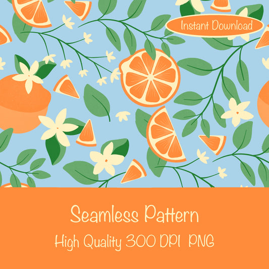 Botanical Orange Blossom Seamless Pattern Light Blue | 12x12 PNG Digital Download | Citrus Floral Design