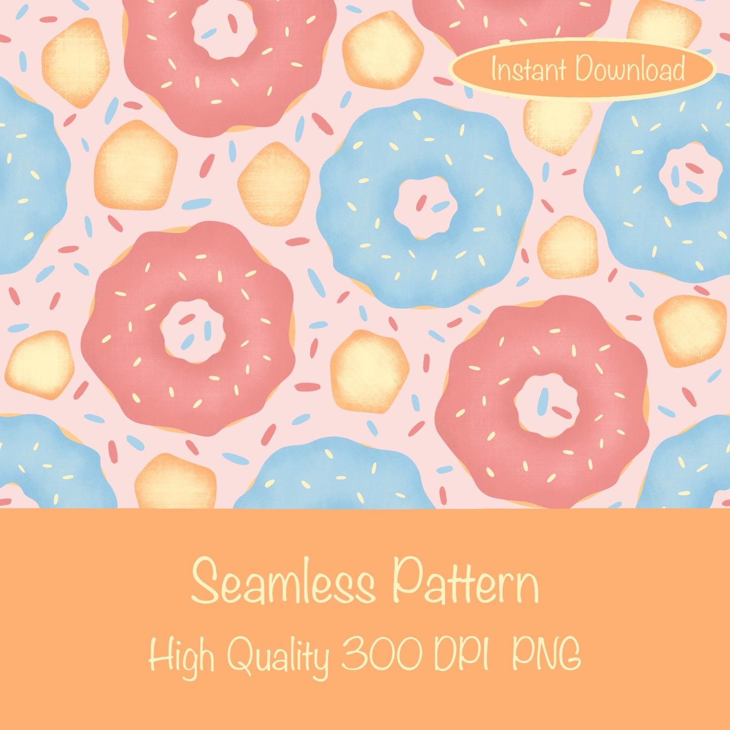 Donut Seamless Pattern Pink | Sweet Dessert Digital Background | 12x12 PNG Download