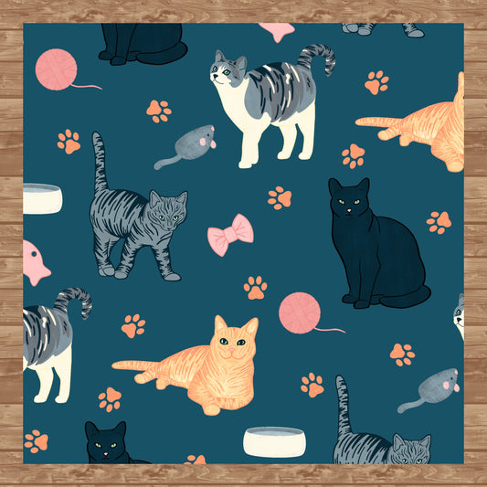 Cat Seamless Pattern Blue – Whimsical Feline Digital Design PNG | 12” x 12” 300 DPI