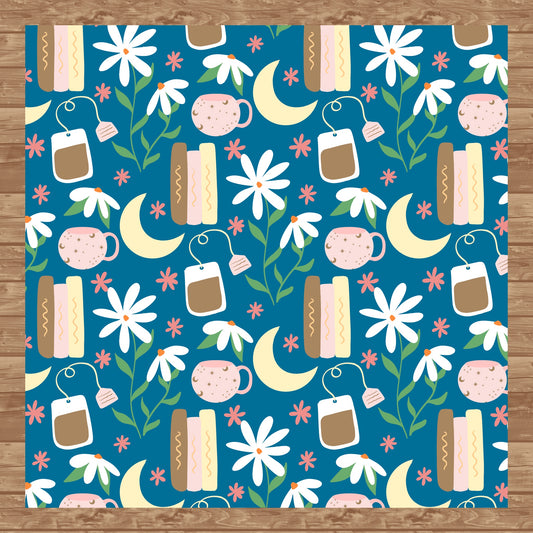 Cottage Core Seamless Pattern Blue – Moons, Tea, Books & Flowers PNG | 12” x 12” 300 DPI