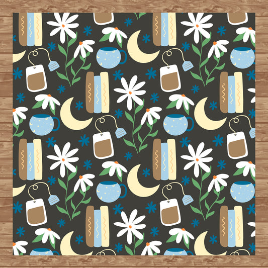 Cottage Core Seamless Pattern Brown – Moons, Tea, Books & Flowers PNG | 12” x 12” 300 DPI