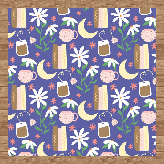 Cottage Core Seamless Pattern Purple – Moons, Tea, Books & Flowers PNG | 12” x 12” 300 DPI