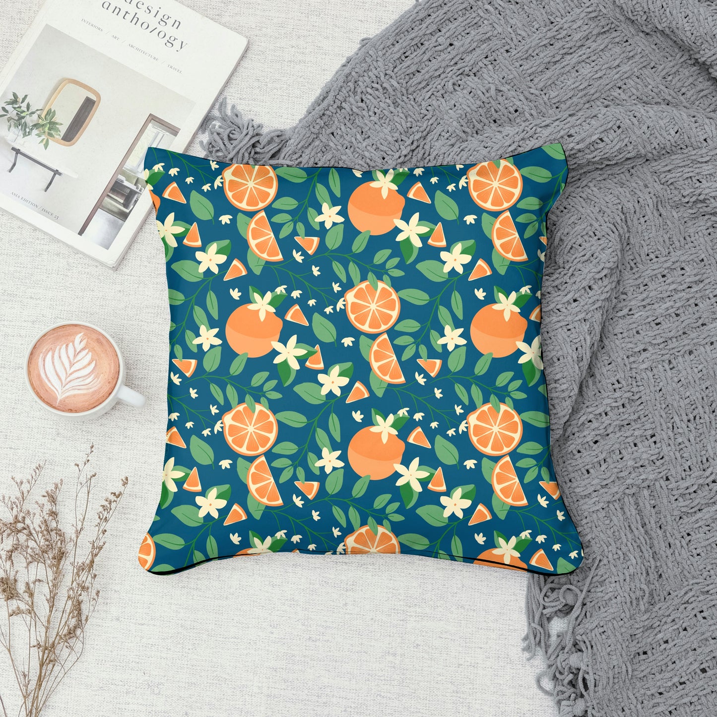 Botanical Orange Blossom Seamless Pattern Blue | 12x12 PNG Digital Download | Citrus Floral Design