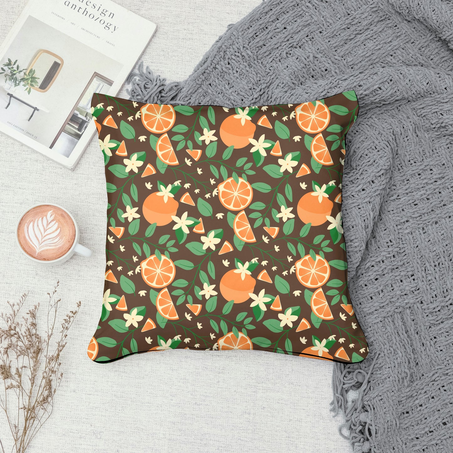 Botanical Orange Blossom Seamless Pattern Brown | 12x12 PNG Digital Download | Citrus Floral Design