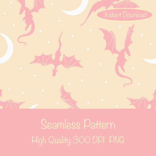 Fantasy Dragon Seamless Pattern Orange | Moons & Stars Digital Design | 12x12 PNG Download