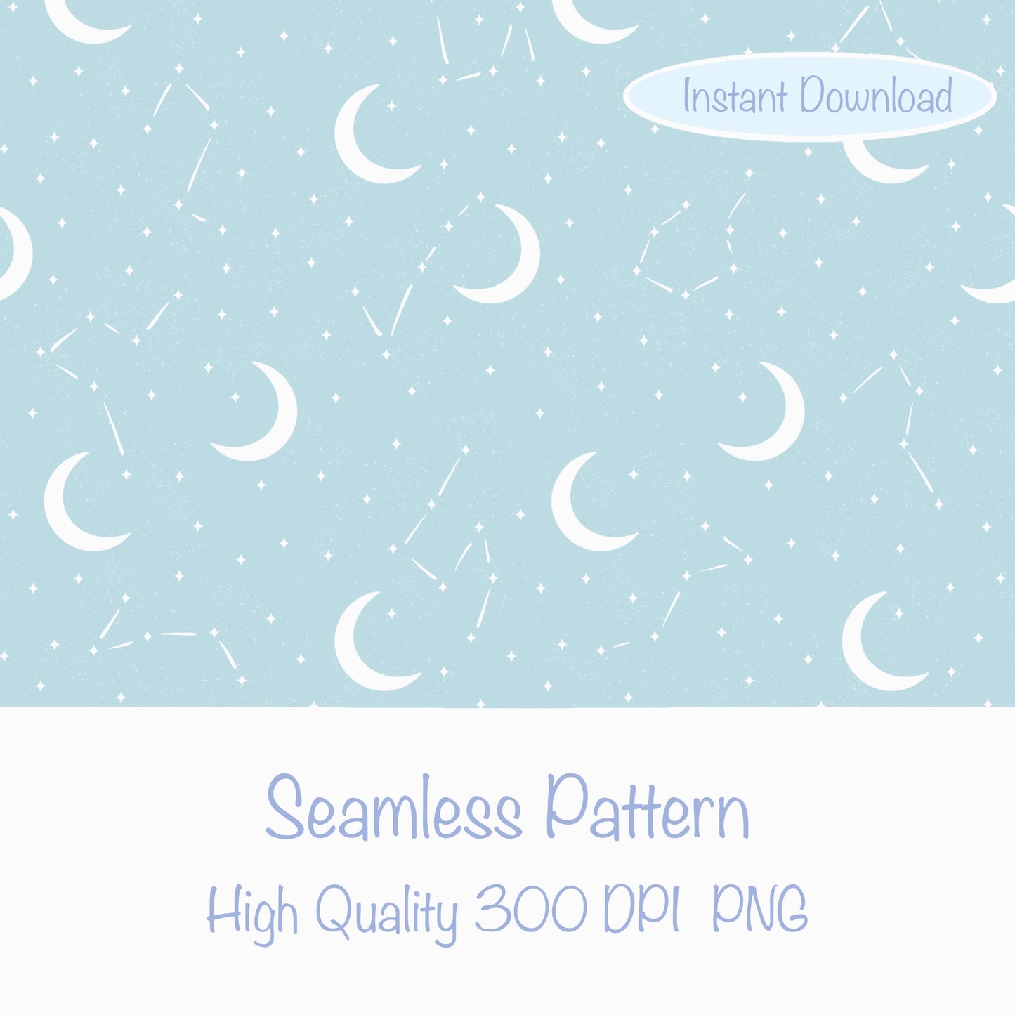 Moon & Constellation Seamless Pattern Blue | Celestial Digital Design | 12x12 PNG Download