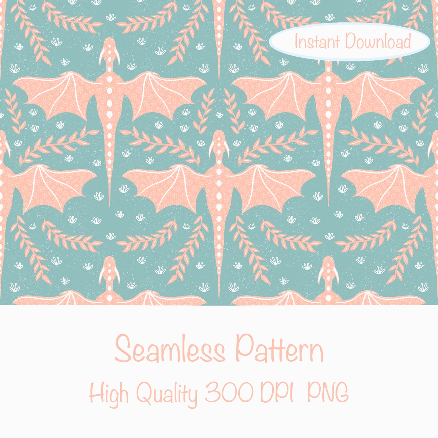 Dreamy Fantasy Dragon & Botanical Seamless Pattern Green | Digital 12x12 PNG