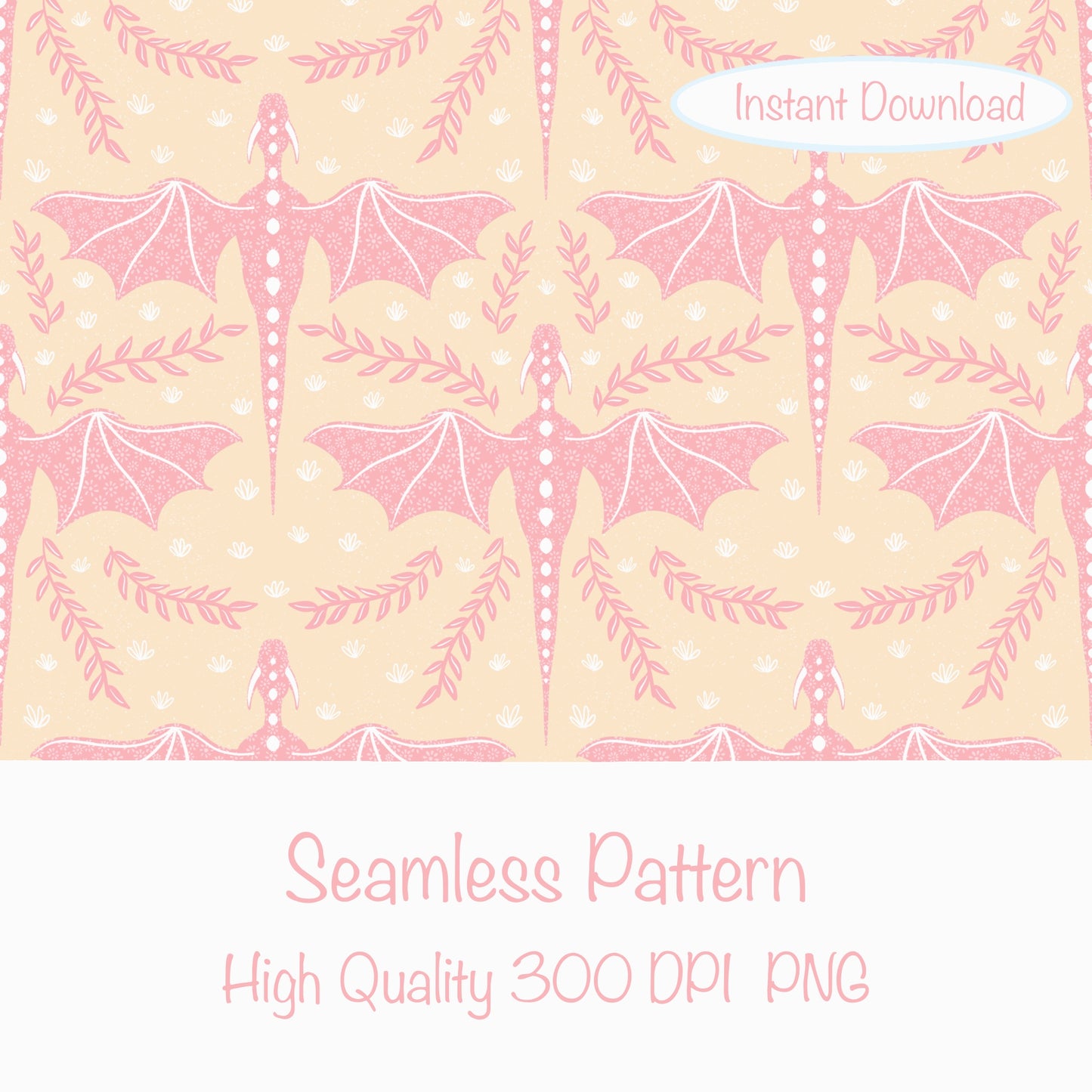 Dreamy Fantasy Dragon & Botanical Seamless Pattern Orange | Digital 12x12 PNG