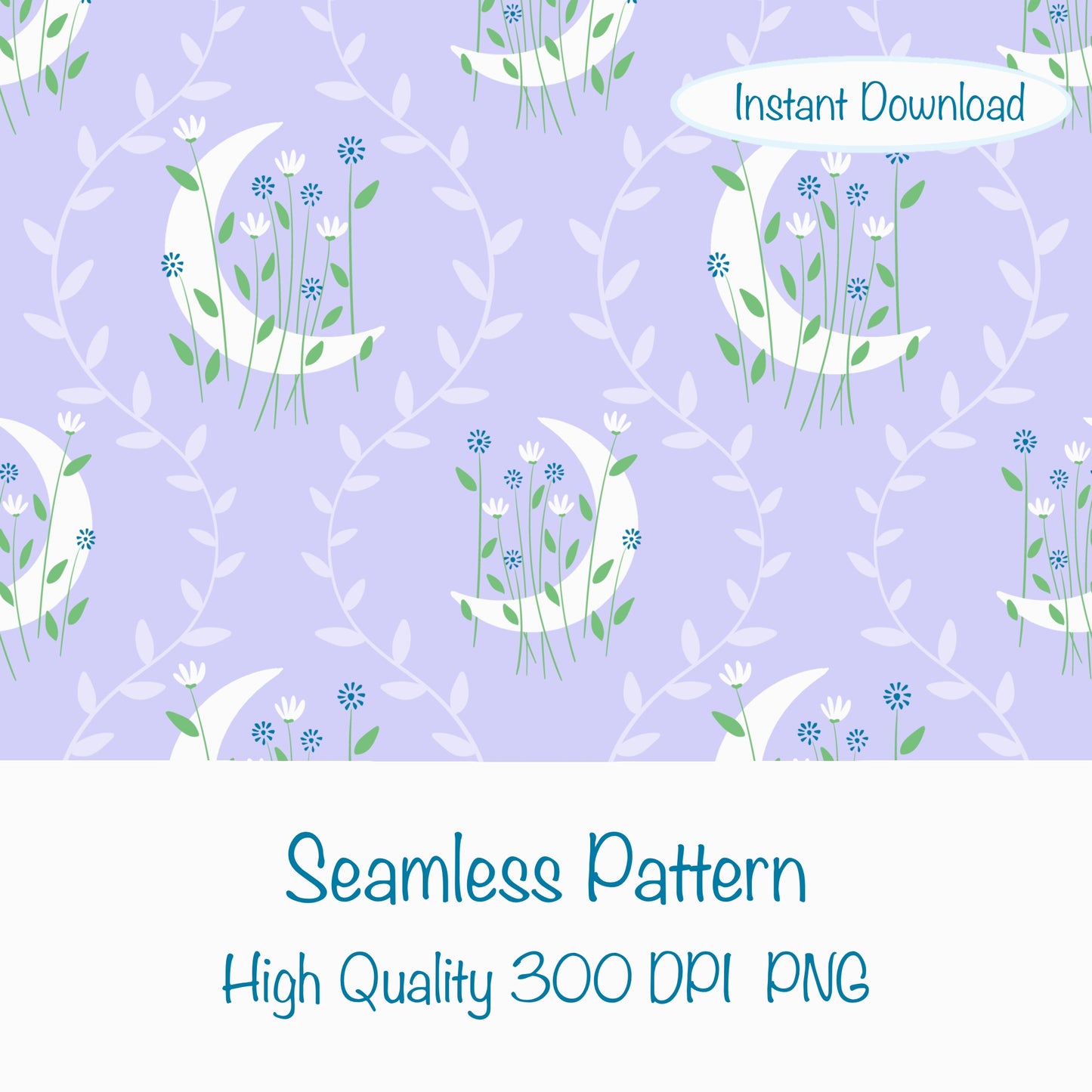 Moon & Botanical Seamless Pattern Light Purple | Celestial Floral Digital Download | 12x12 PNG