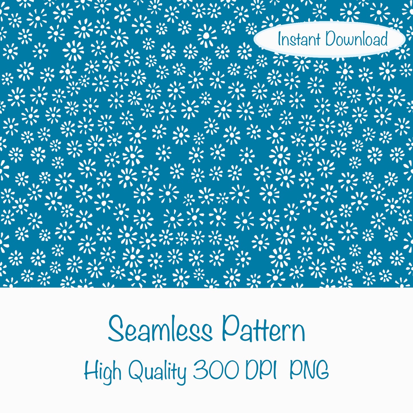 Cute Drawn Daisy Seamless Pattern Blue | Floral Digital Download | 12x12 PNG