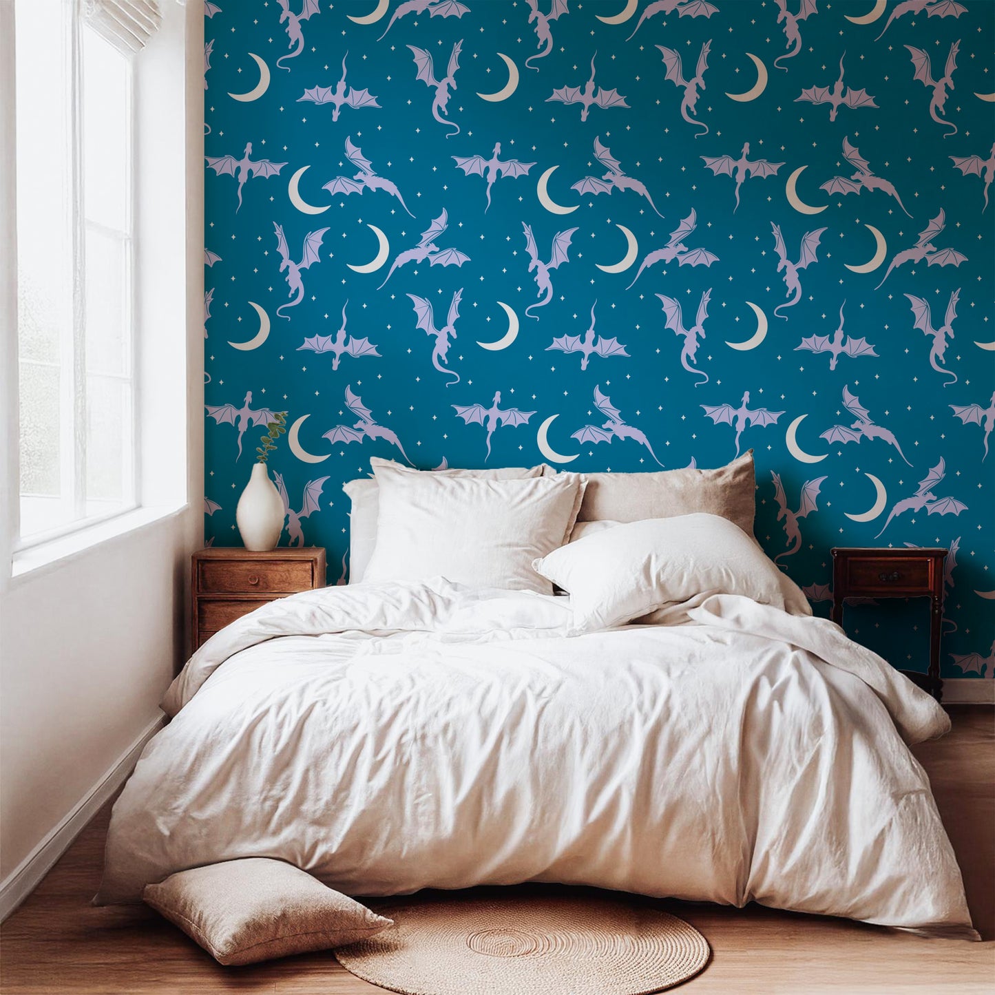 Fantasy Dragon Seamless Pattern Blue | Moons & Stars Digital Design | 12x12 PNG Download