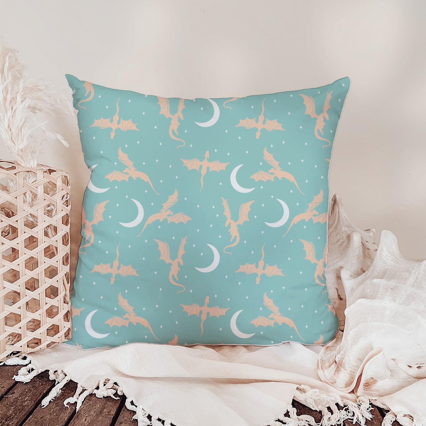 Fantasy Dragon Seamless Pattern Green | Moons & Stars Digital Design | 12x12 PNG Download