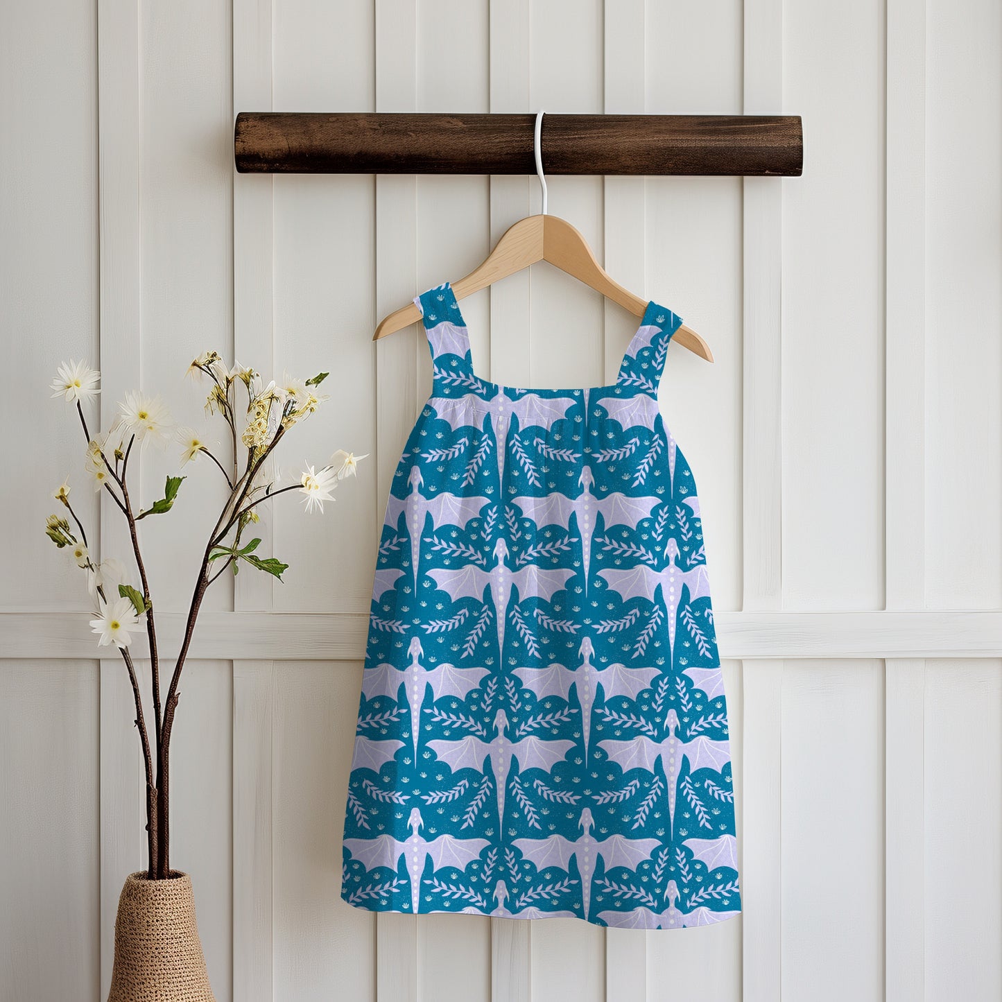 Dreamy Fantasy Dragon & Botanical Seamless Pattern Blue | Digital 12x12 PNG