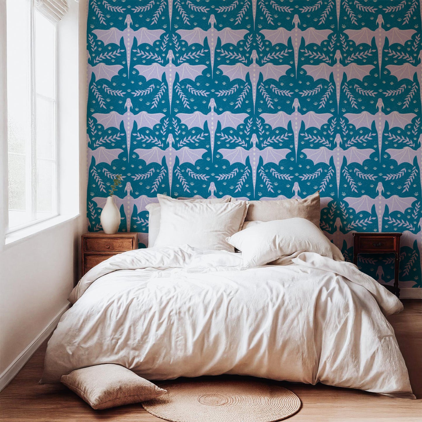 Dreamy Fantasy Dragon & Botanical Seamless Pattern Blue | Digital 12x12 PNG