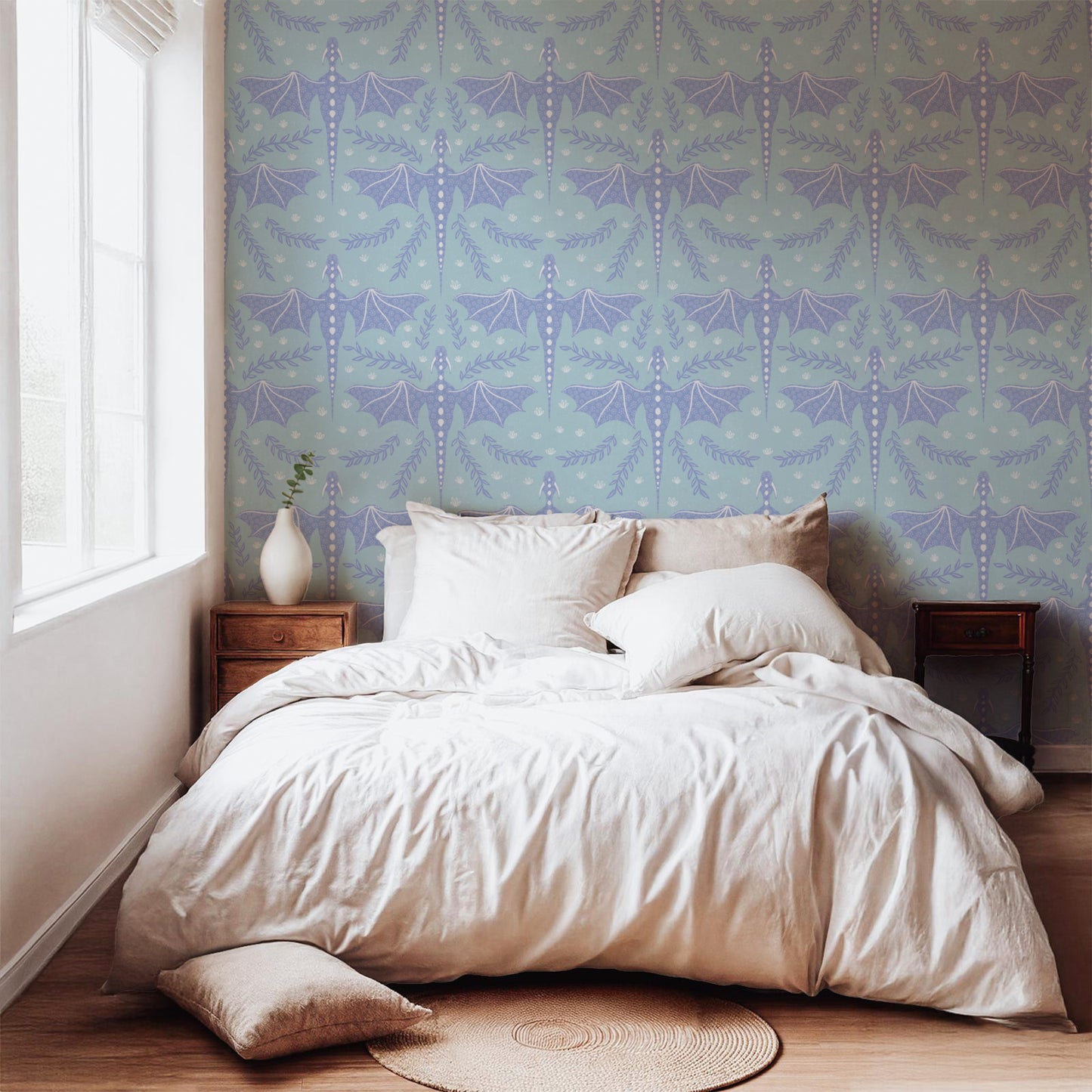 Dreamy Fantasy Dragon & Botanical Seamless Pattern Light Blue | Digital 12x12 PNG