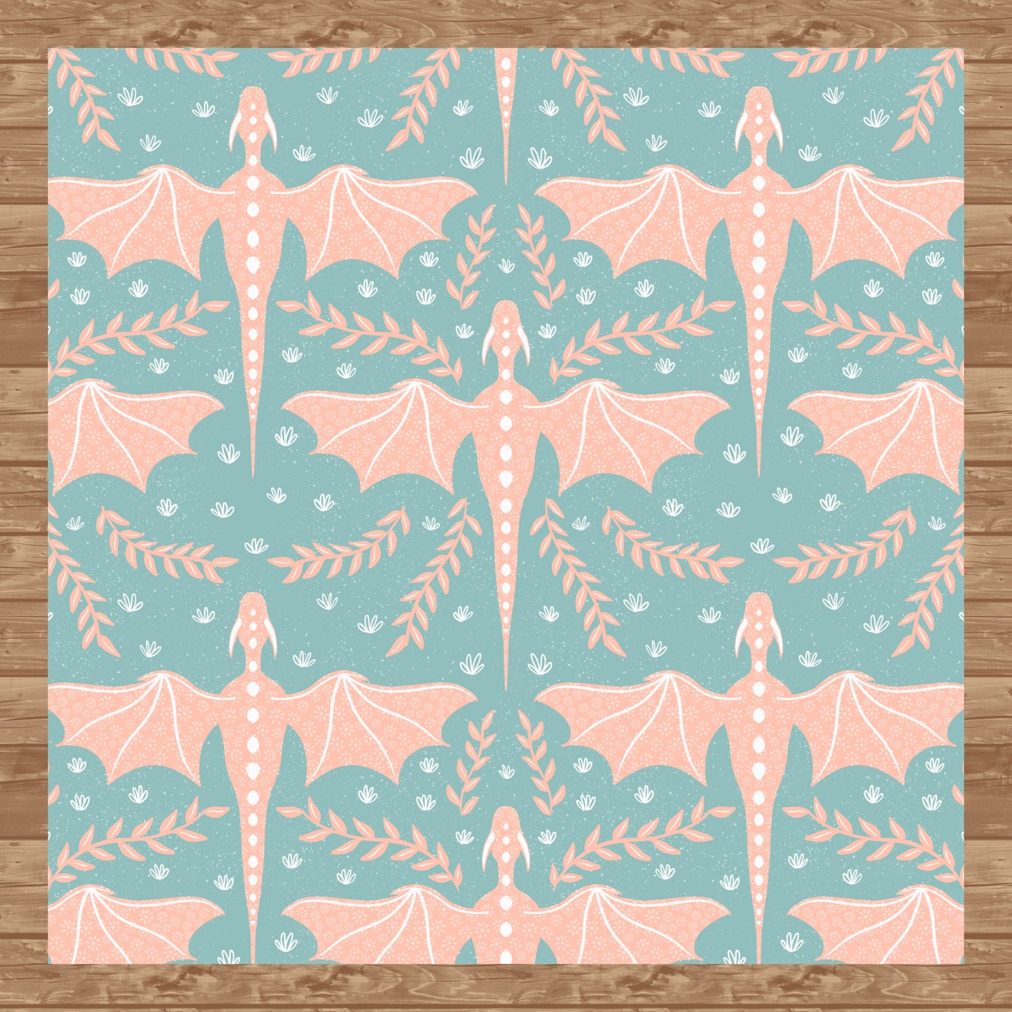 Dreamy Fantasy Dragon & Botanical Seamless Pattern Green | Digital 12x12 PNG