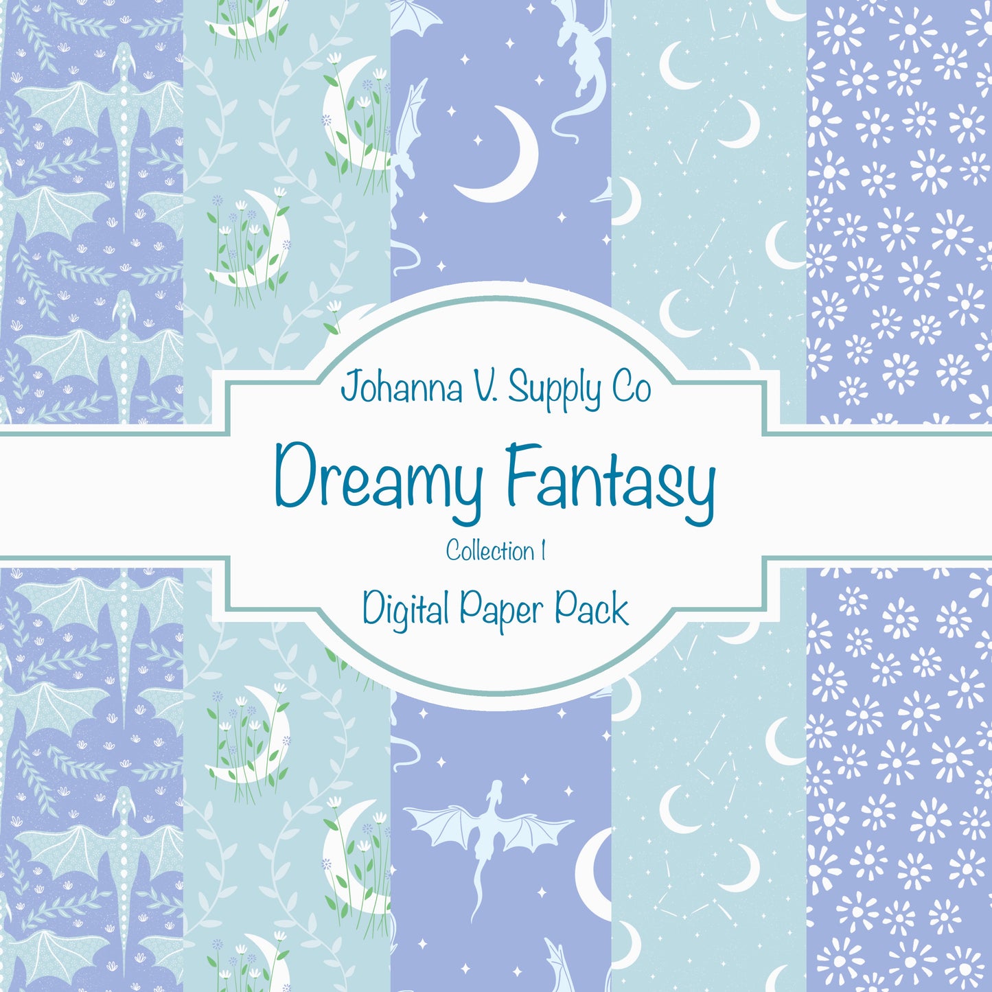 Dragons, Moons & Botanicals Digital Paper Pack | Fantasy Seamless Backgrounds | 12x12 PNG | Collection 1