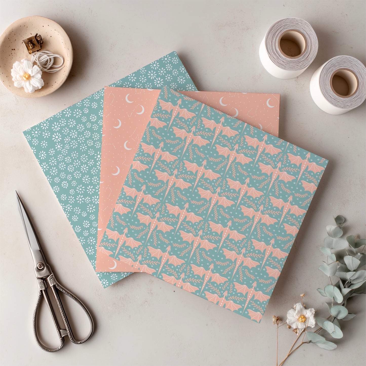 Dragons, Moons & Botanicals Digital Paper Pack | Fantasy Seamless Backgrounds | 12x12 PNG | Collection 2