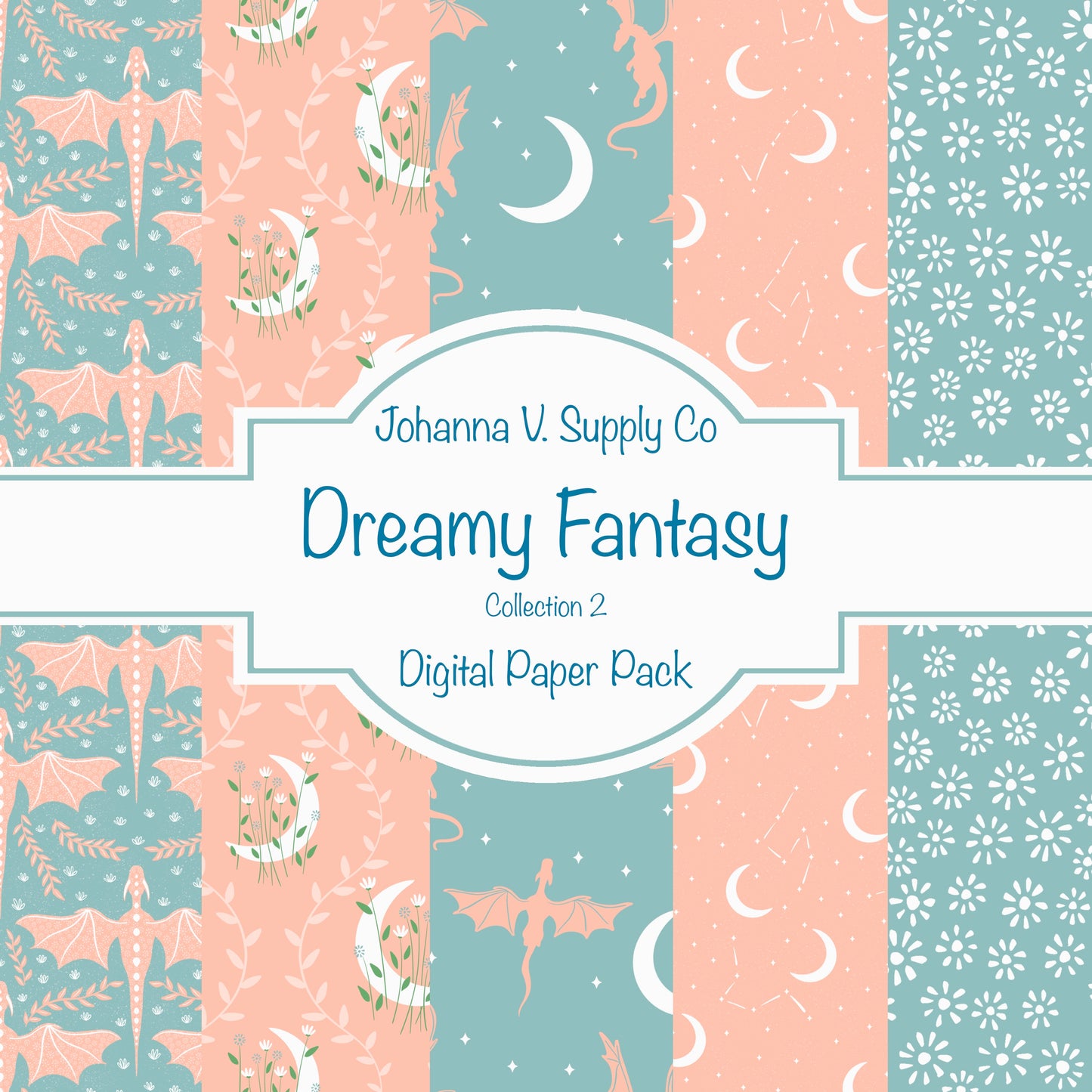 Dragons, Moons & Botanicals Digital Paper Pack | Fantasy Seamless Backgrounds | 12x12 PNG | Collection 2