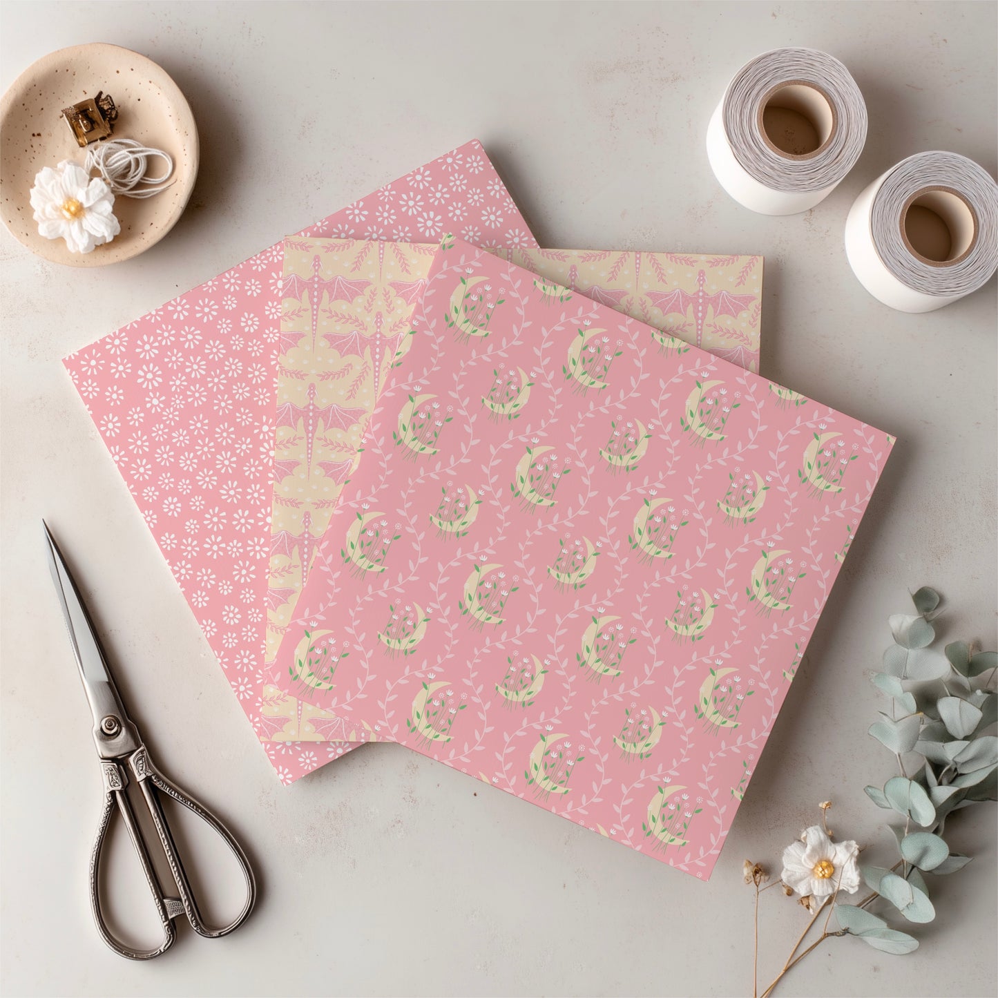 Dragons, Moons & Botanicals Digital Paper Pack | Fantasy Seamless Backgrounds | 12x12 PNG | Collection 4