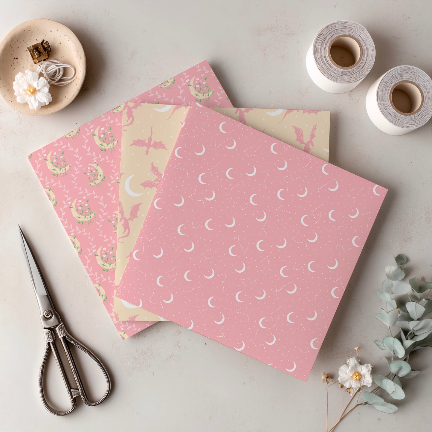 Dragons, Moons & Botanicals Digital Paper Pack | Fantasy Seamless Backgrounds | 12x12 PNG | Collection 4