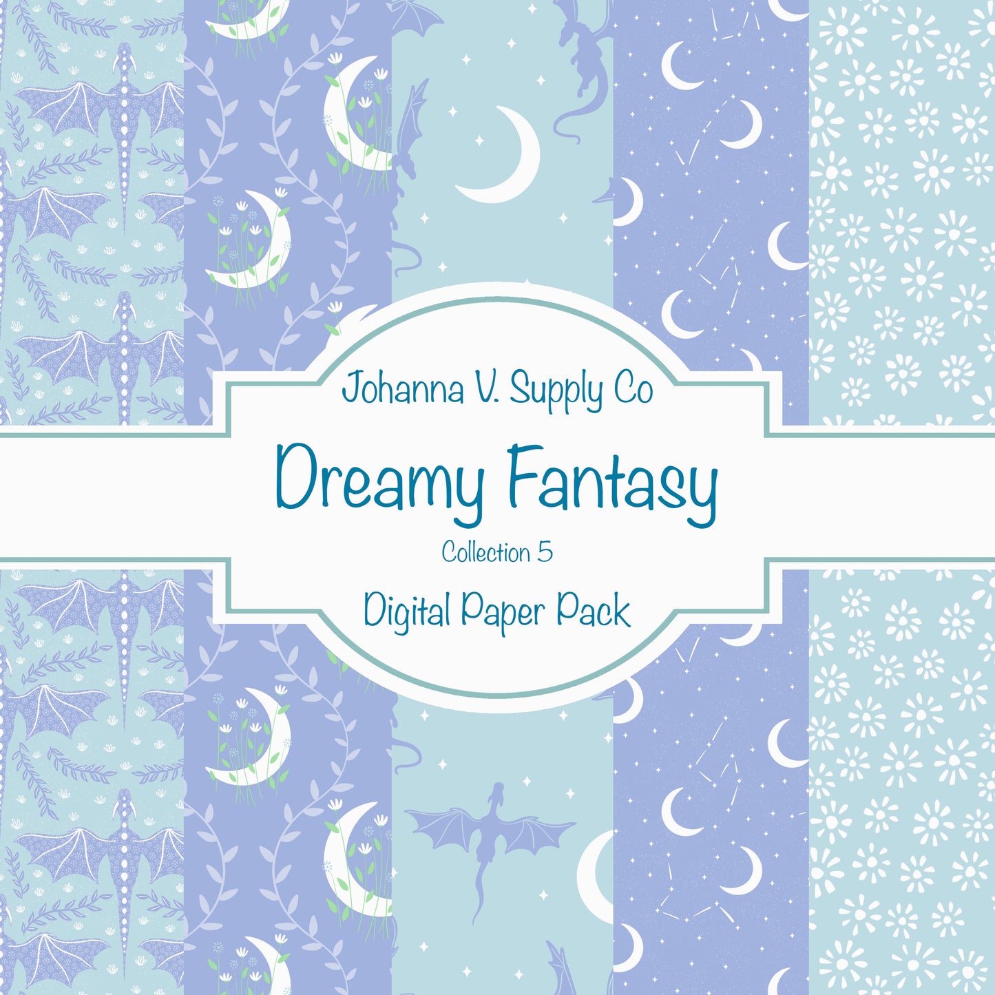 Dragons, Moons & Botanicals Digital Paper Pack | Fantasy Seamless Backgrounds | 12x12 PNG | Collection 5