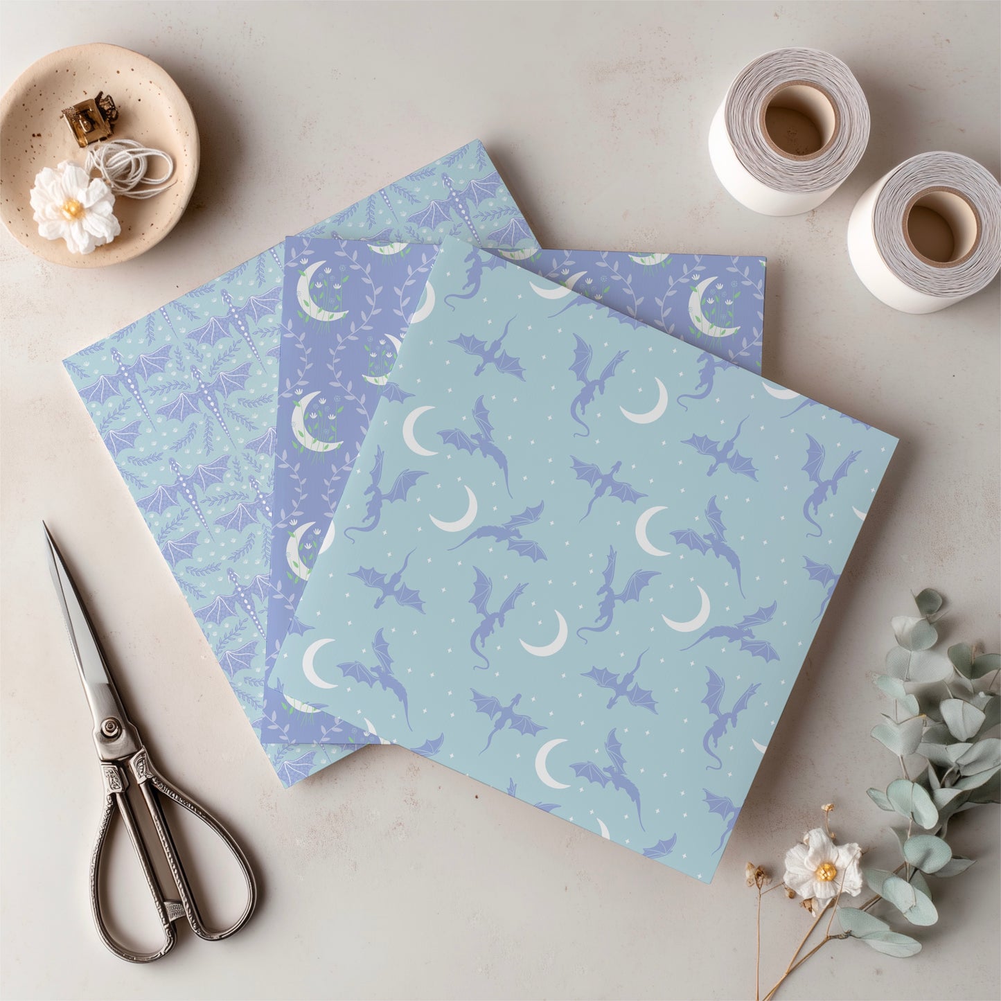 Dragons, Moons & Botanicals Digital Paper Pack | Fantasy Seamless Backgrounds | 12x12 PNG | Collection 5