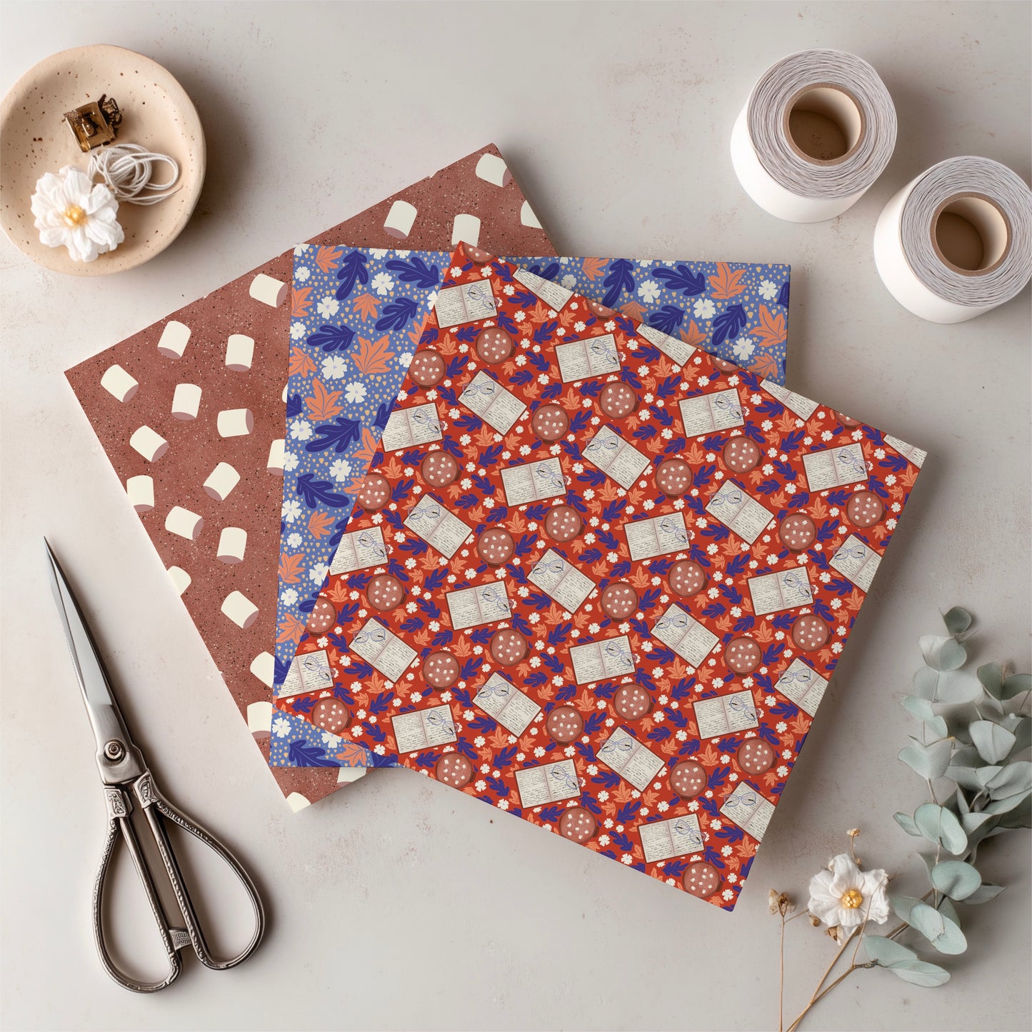 Fall Digital Paper Pack | Hot Cocoa, Books, Plaid & Botanicals | Cozy Autumn Scrapbook Backgrounds