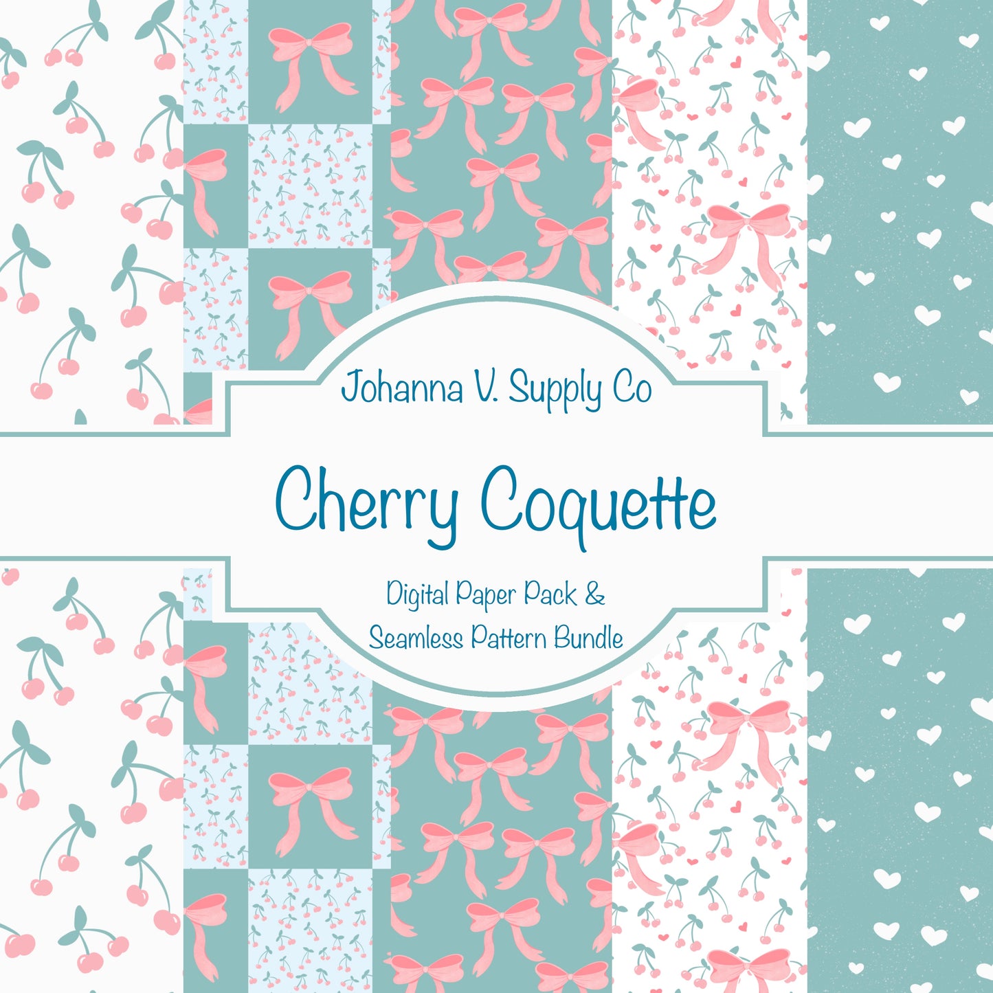 Coquette Digital Paper Pack & Seamless Pattern Bundle | Cherries, Bows & Hearts