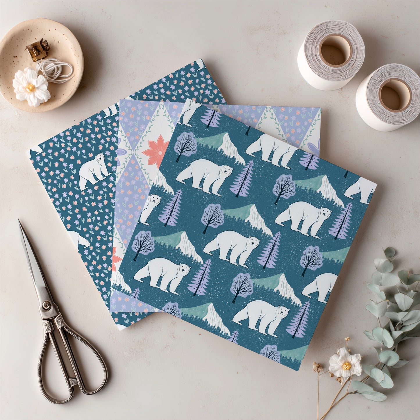 Whimsy Winter Digital Paper Pack Light | Polar Bears, Mountains, Trees & Florals