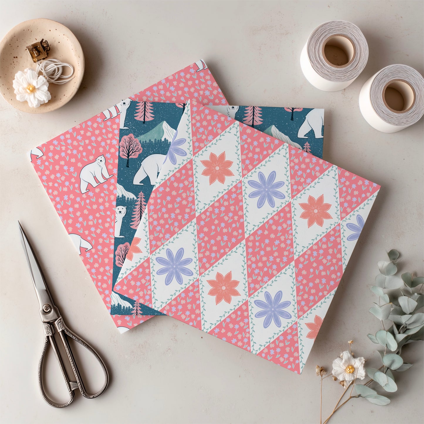 Whimsical Winter Seamless Pattern Bundle Pink | Polar Bears, Mountains, Trees & Florals | Cozy Winter Designs for Commercial Use