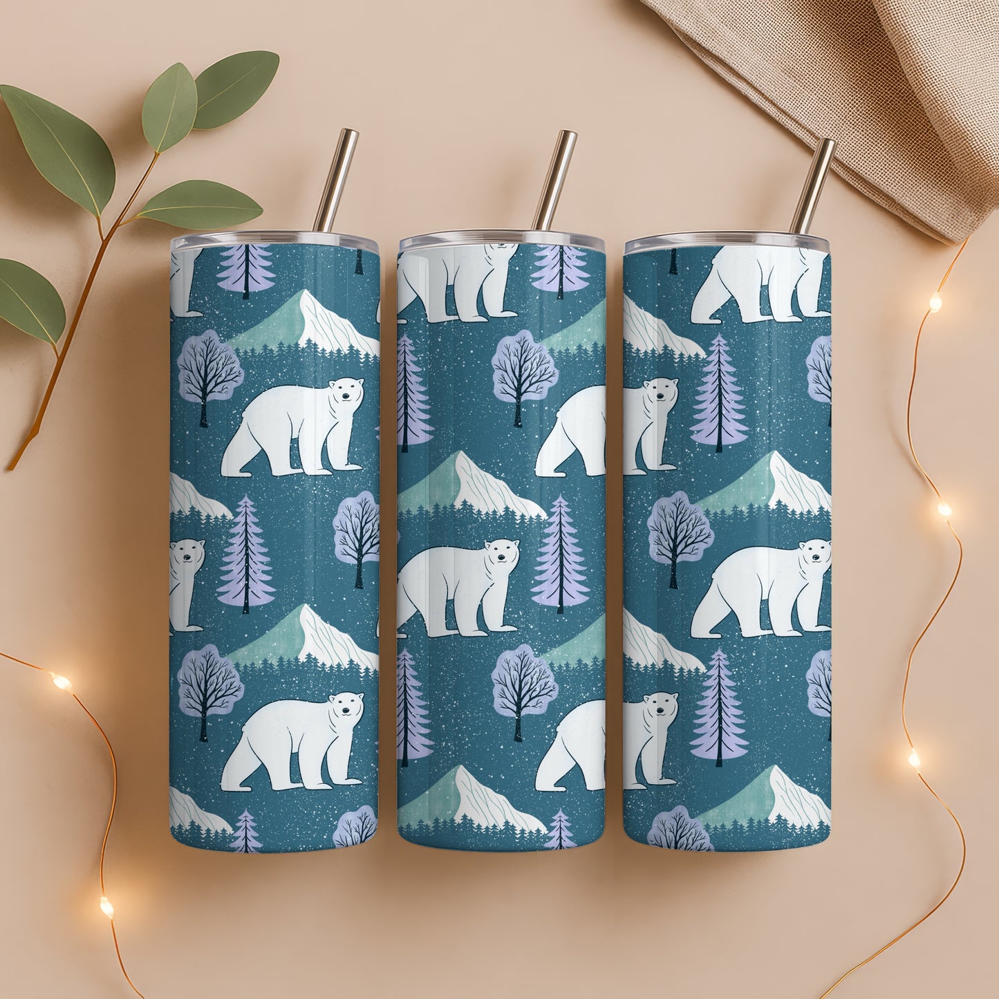 Polar Whimsy Tumbler Wrap Bundle Purple | Polar Bears & Doodle Flowers | 9.25”x8.20” PNG Digital Download