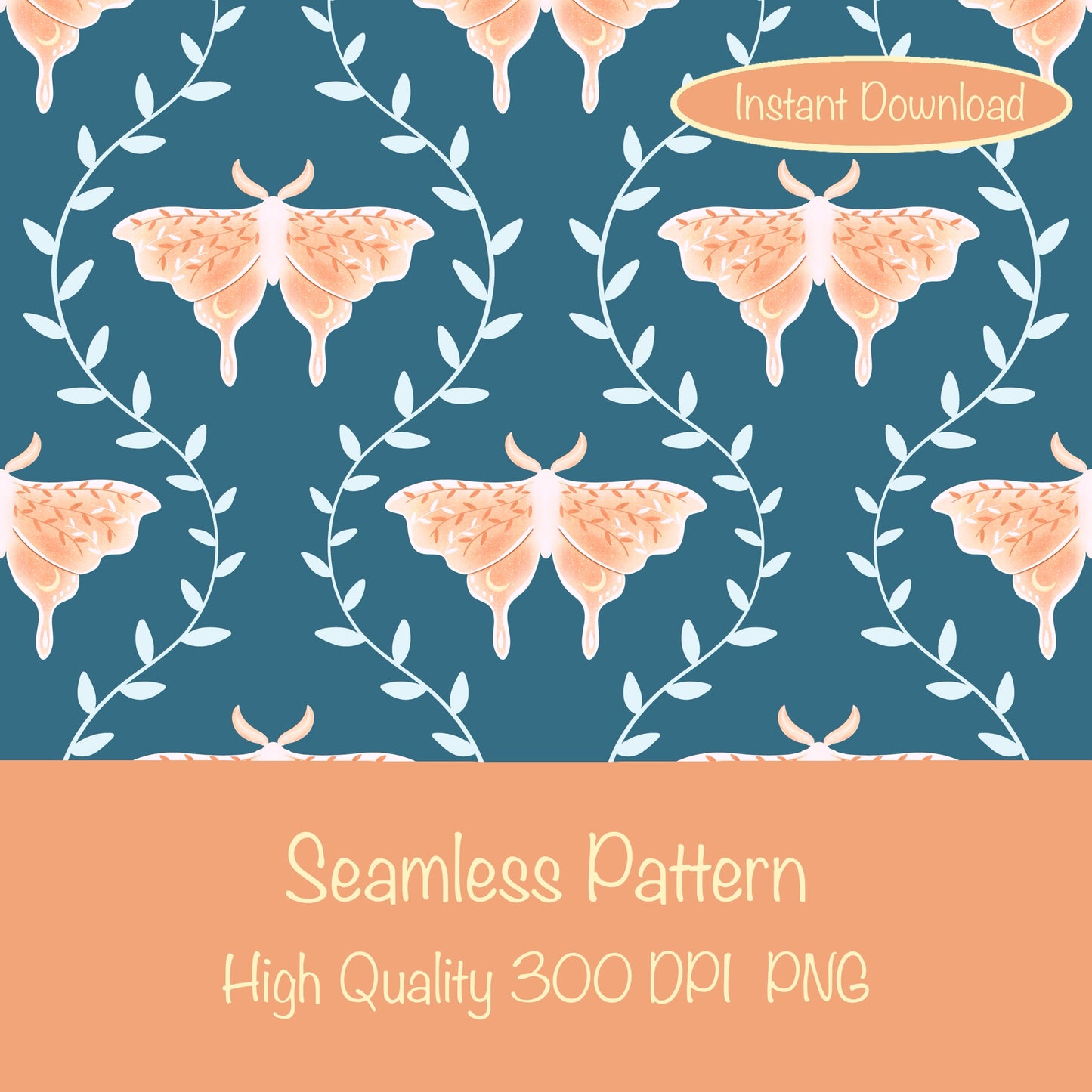 Whimsical Moth Seamless Pattern Digital File Blue – Dreamy 12x12” PNG, 300 DPI, Commercial Use