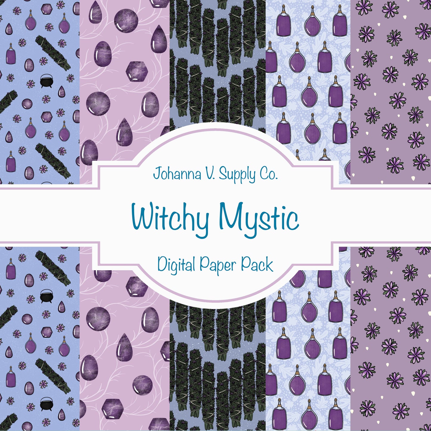 Mystic Witchy Digital Paper Pack | Sage, Gemstones & Doodle Flowers | Boho Magical Backgrounds for Creative Projects