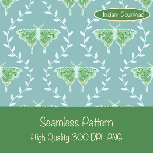 Whimsical Moth Seamless Pattern Digital File Green – Dreamy 12x12” PNG, 300 DPI, Commercial Use