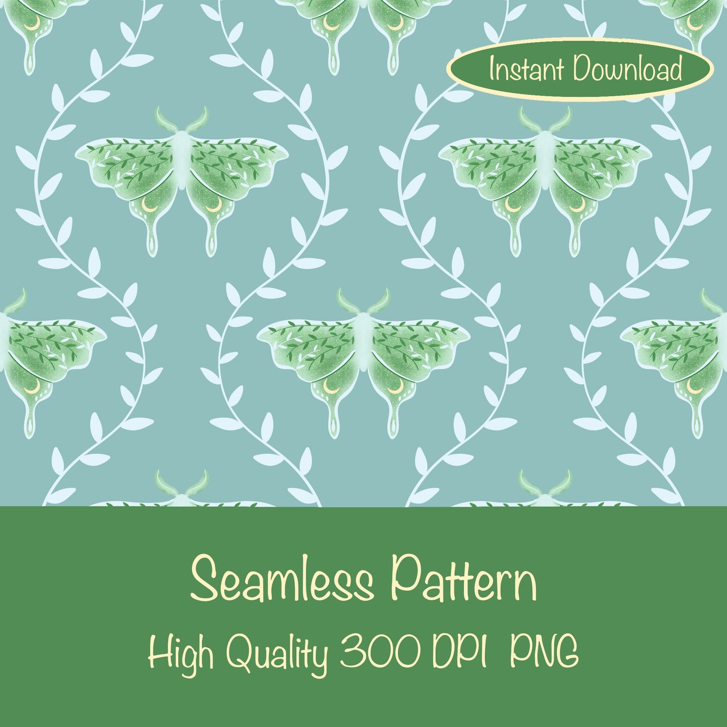 Whimsical Moth Seamless Pattern Digital File Green – Dreamy 12x12” PNG, 300 DPI, Commercial Use